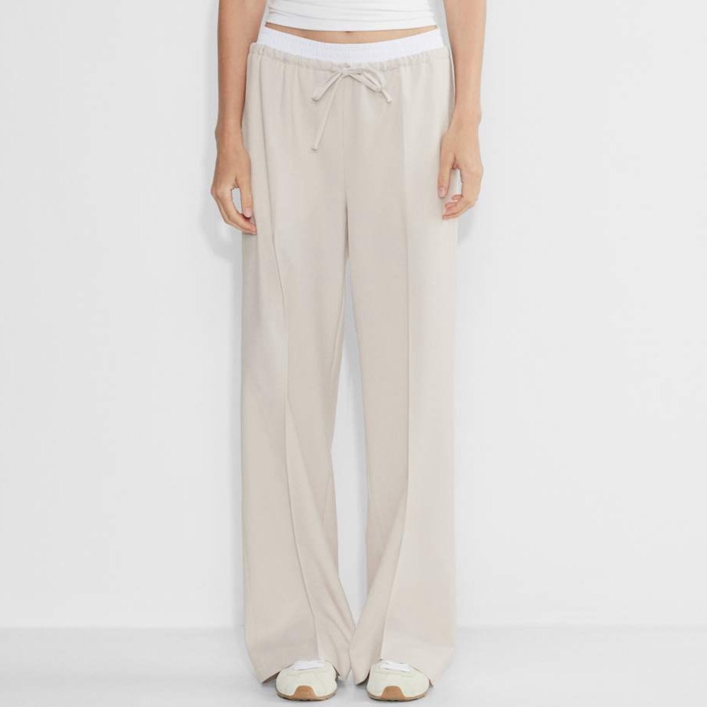 Aritzia Wide Leg Drawstring Pants in Light Beige